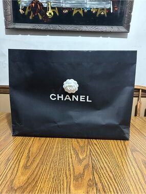CHANEL Black Shopping Bag with White Camellia and Logo